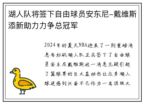 湖人队将签下自由球员安东尼-戴维斯添新助力力争总冠军