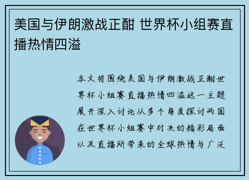 美国与伊朗激战正酣 世界杯小组赛直播热情四溢